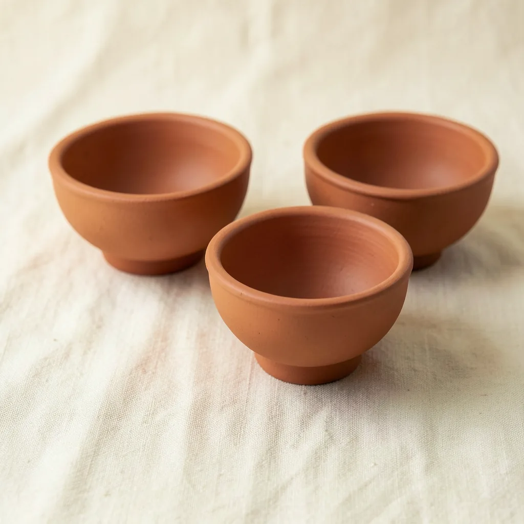 Hand-thrown terracotta ceramic bowls on cream linen