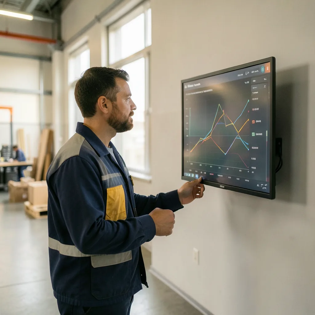 Operator reviewing a production dashboard on the factory floor