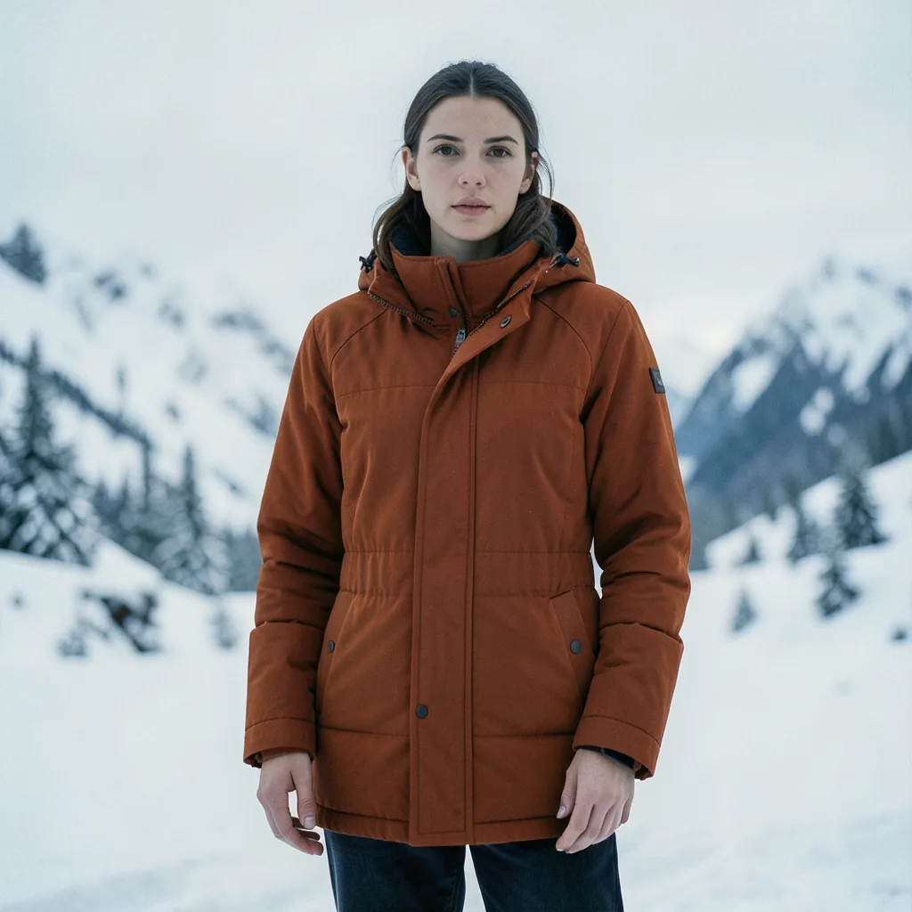 Model in an insulated winter parka on a snowy nordic backdrop