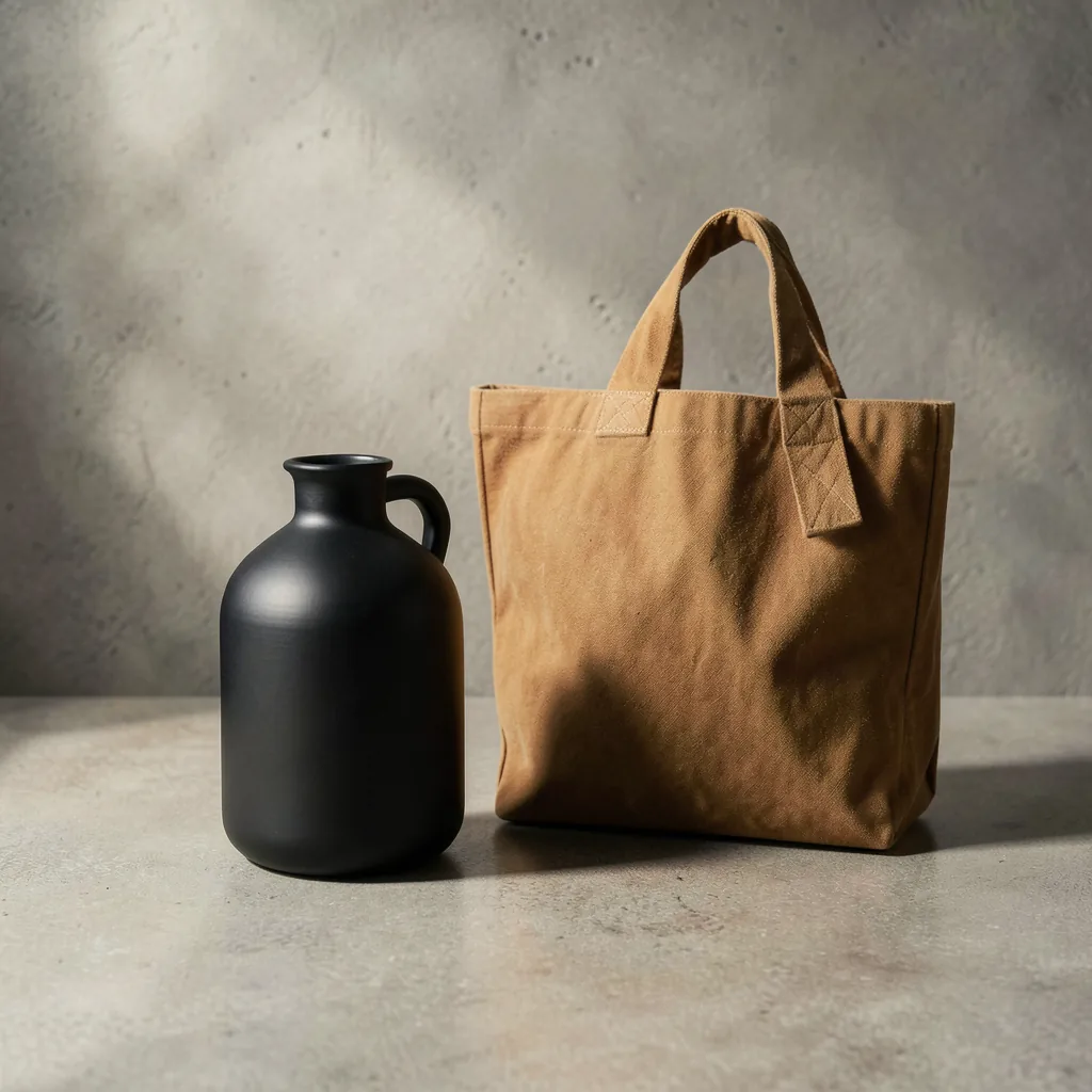 Matte stoneware carafe and waxed-canvas tote in a studio setting