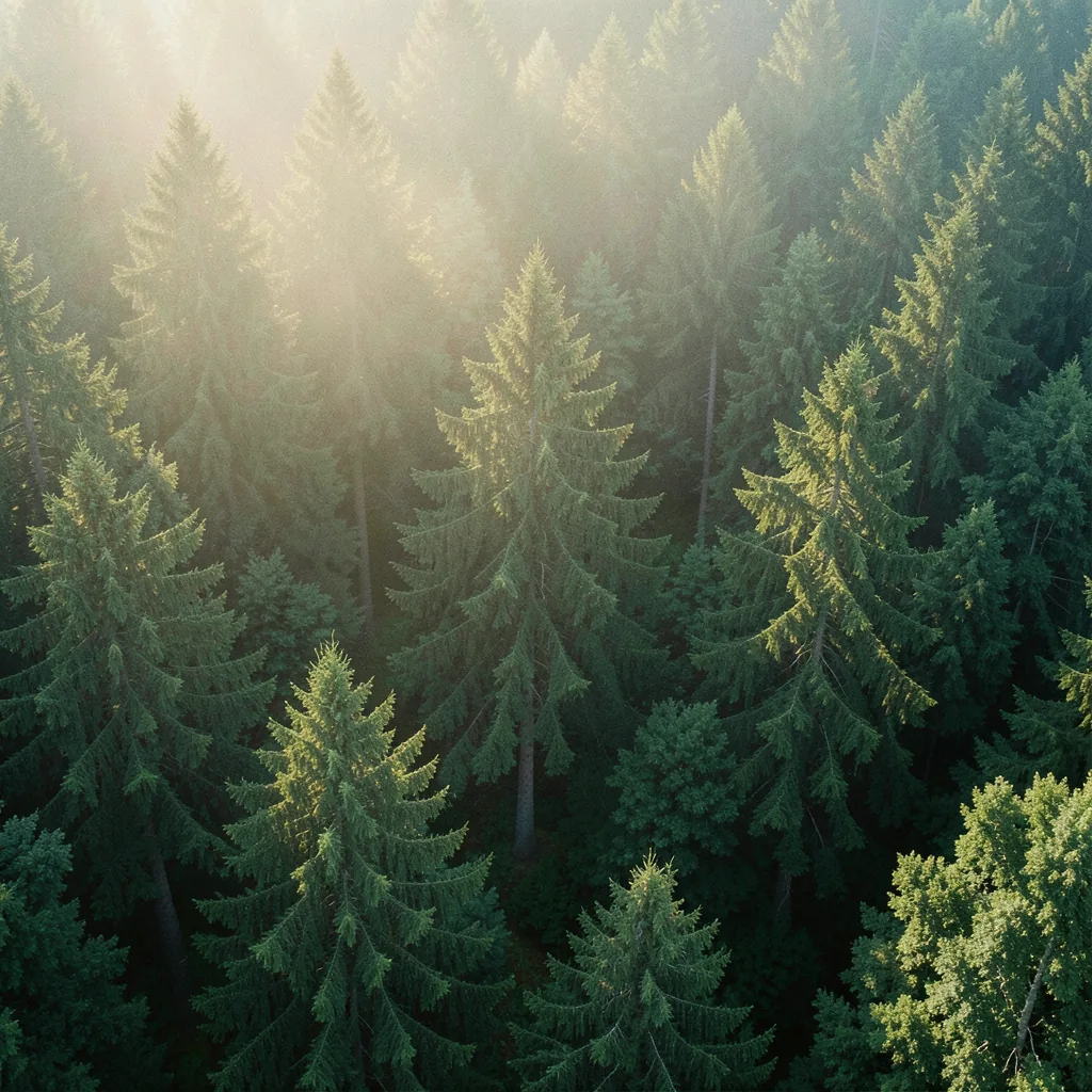 Aerial view of a misty evergreen forest at sunrise