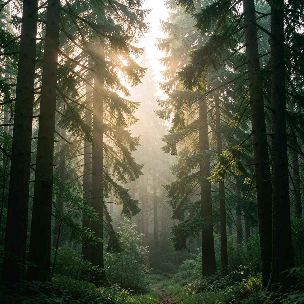 Sunlight breaking through a misty evergreen forest at dawn