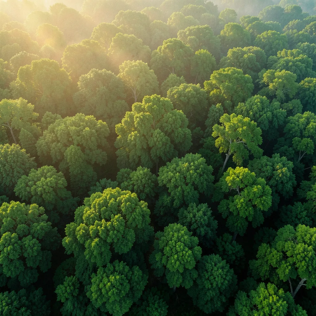 Sunlit forest canopy seen from above