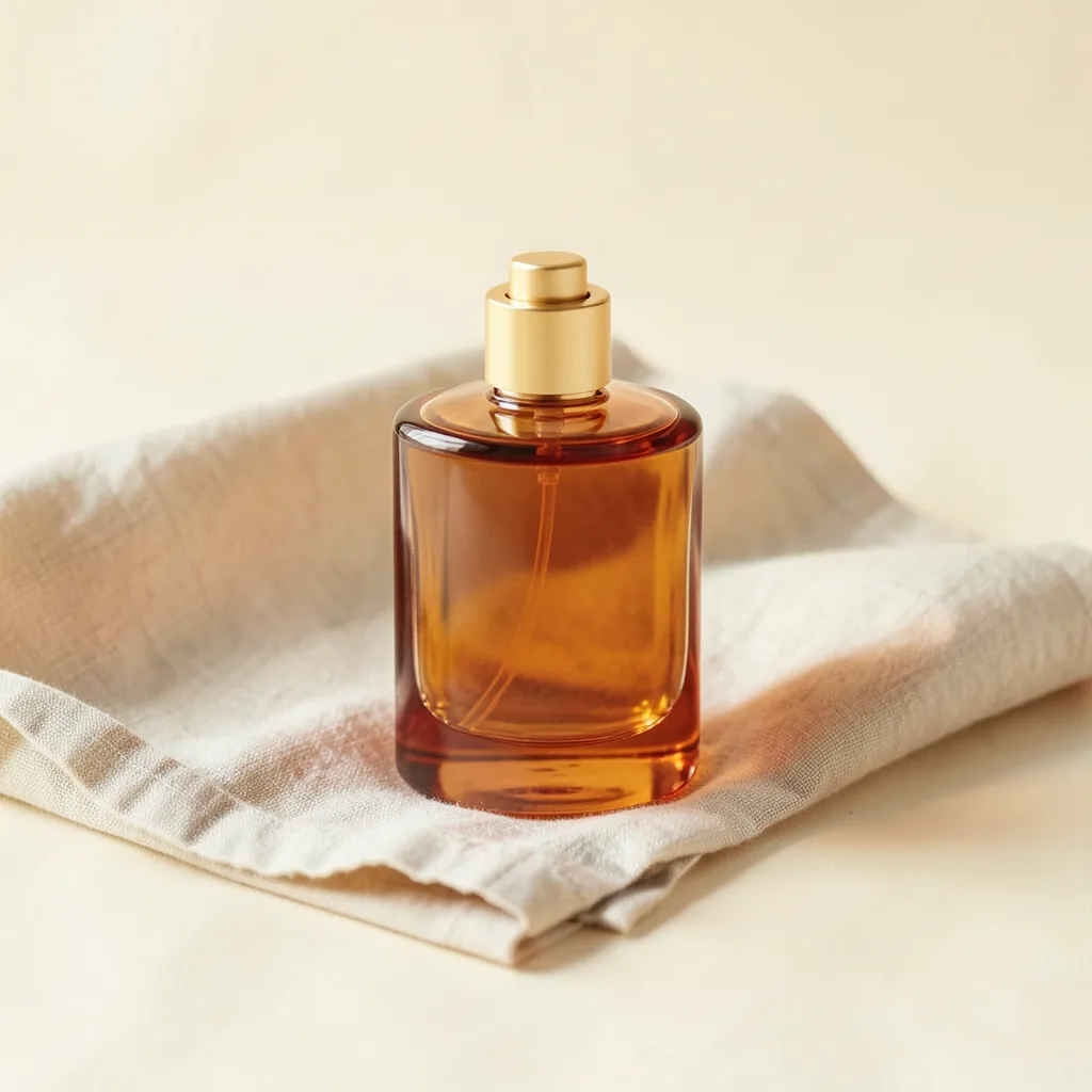 Studio still life of a perfume bottle on warm linen