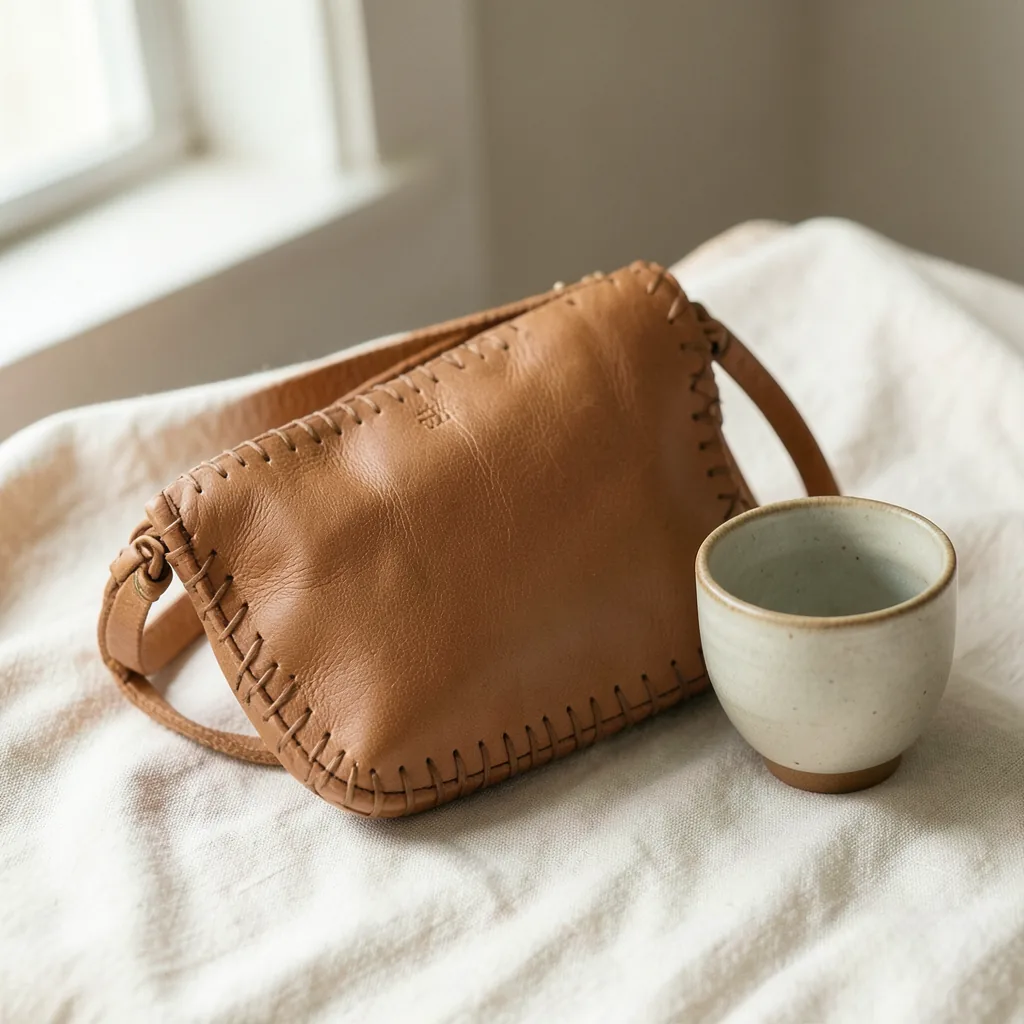 Hand-stitched leather bag and ceramic cup on warm linen