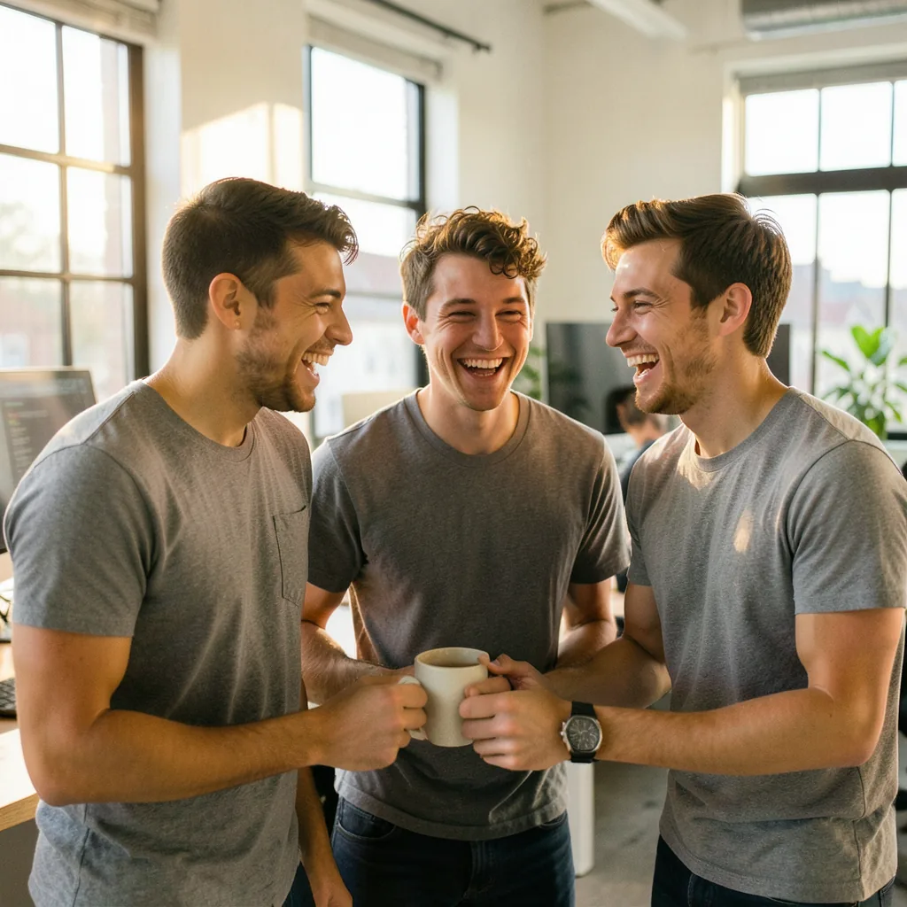 A small founding team laughing together in a bright studio workspace