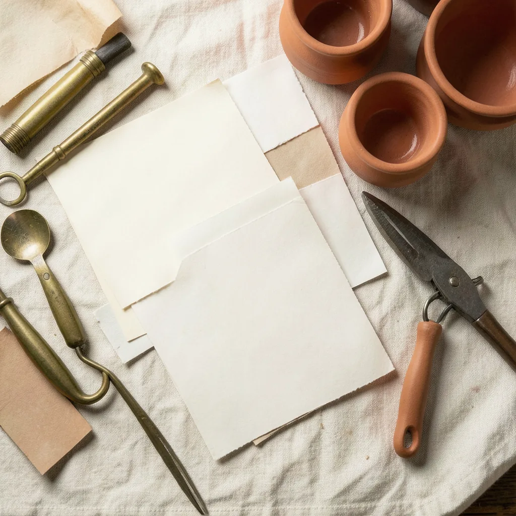 Studio desk with paper swatches and brass tools
