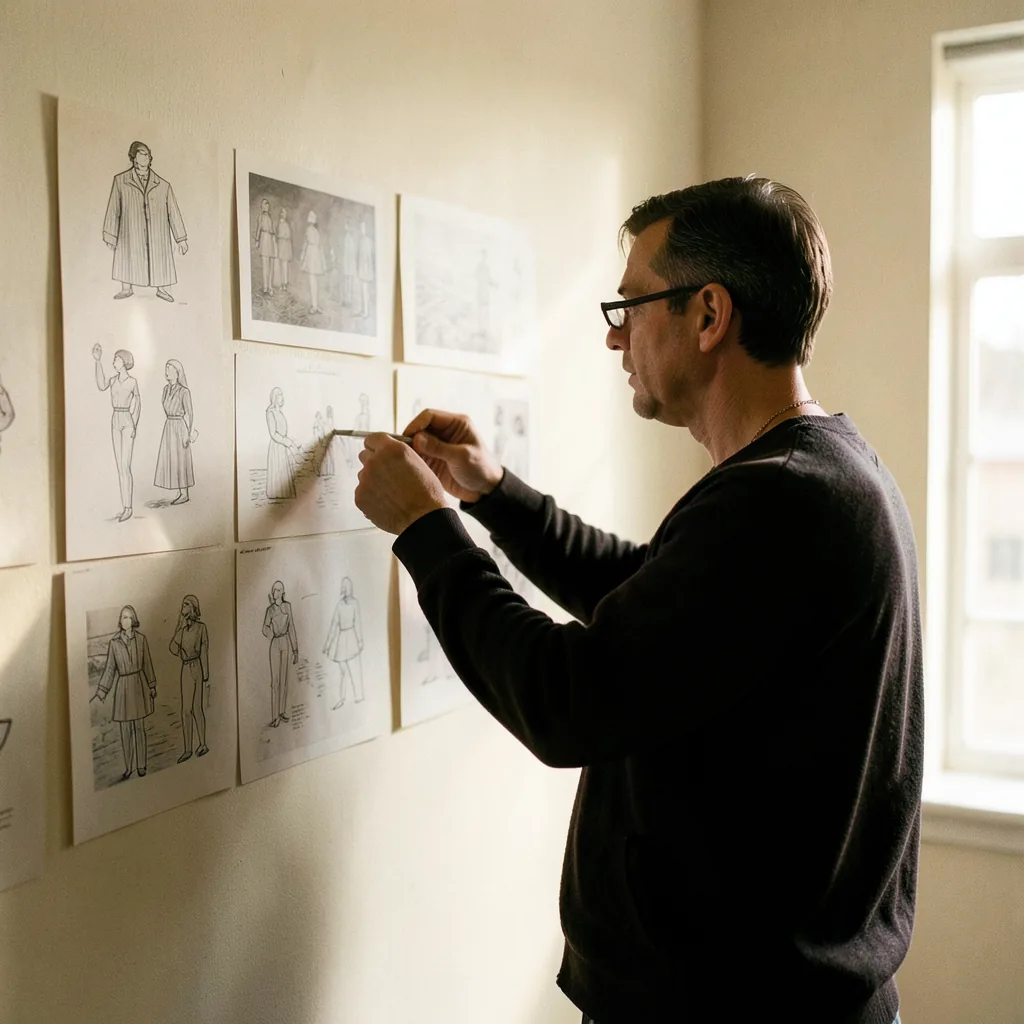 Designer reviewing printed layouts on a studio wall
