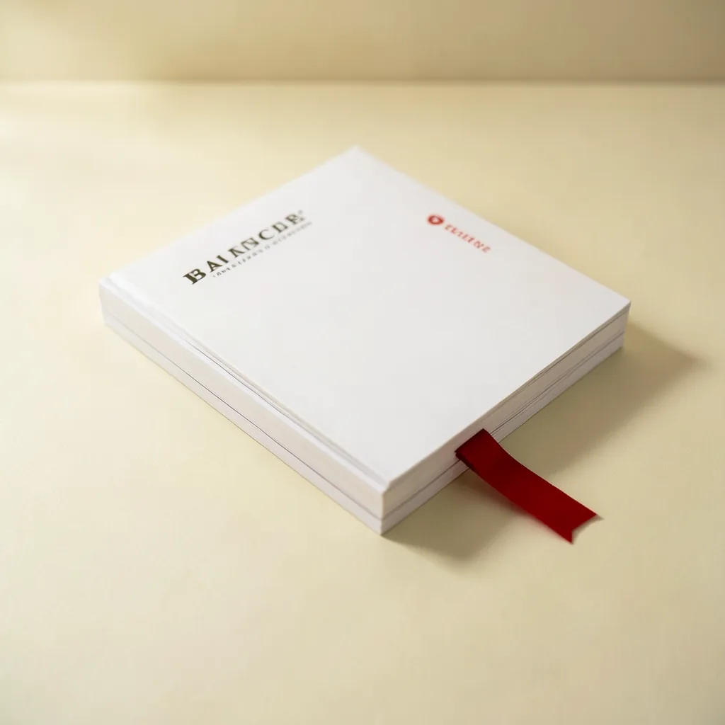 Stack of printed brand books with a red bookmark