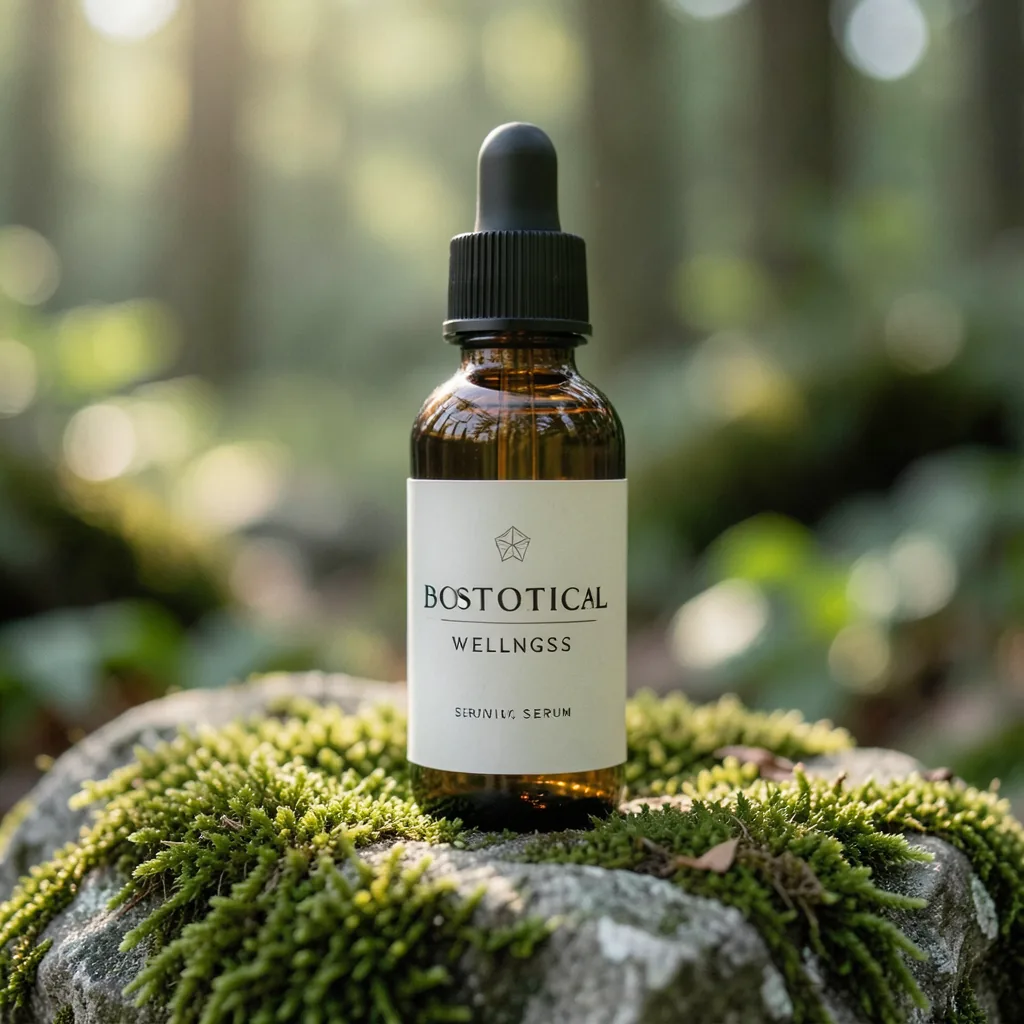 Botanical wellness serum in an amber glass bottle resting on mossy stone