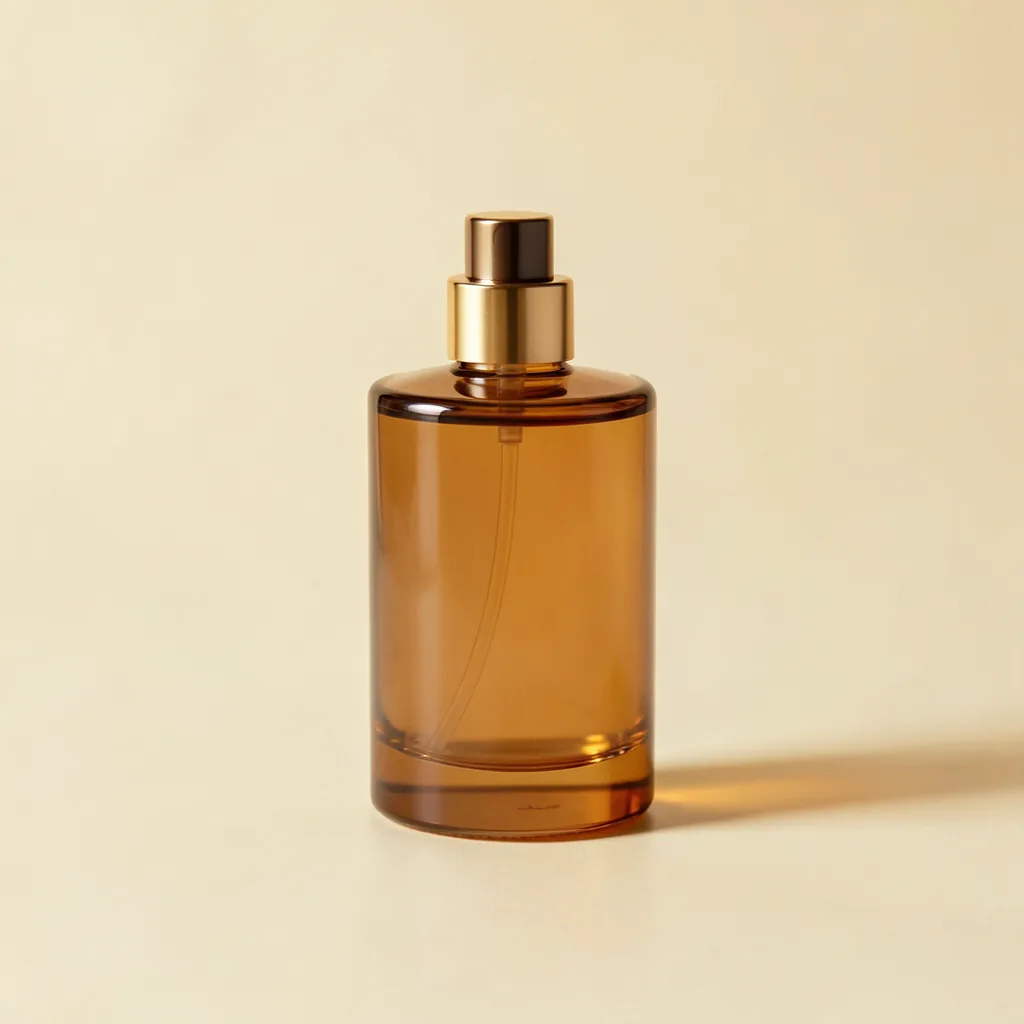 Amber glass fragrance bottle on a warm cream backdrop