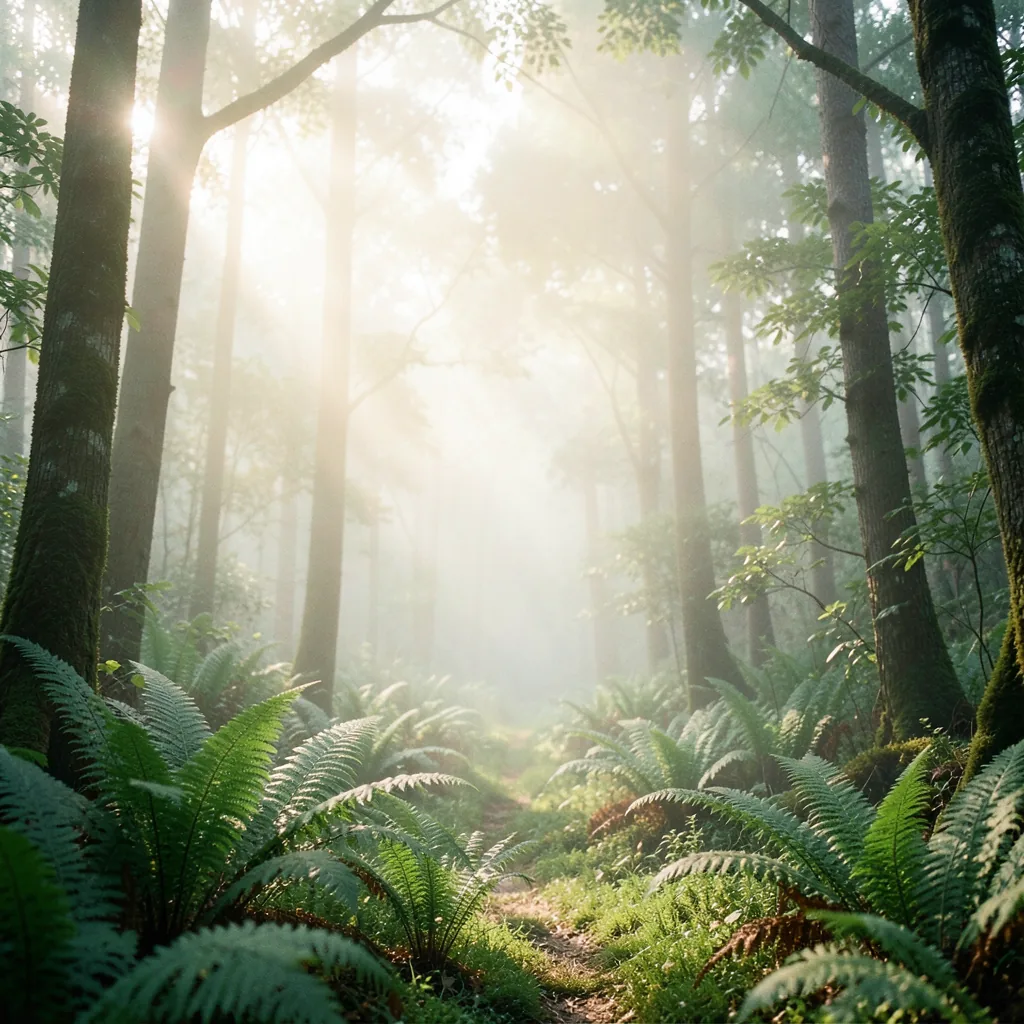 Morning light through a lush green forest canopy