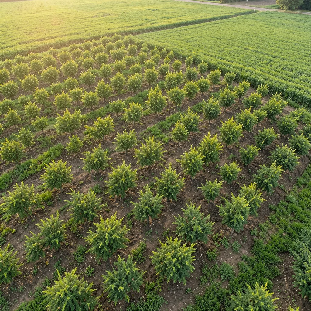 Rows of native seedlings across restored farmland